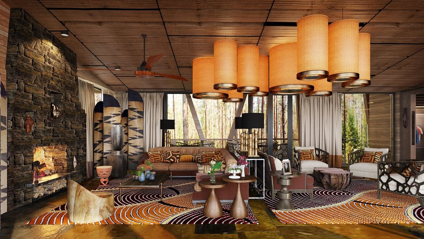 Safari lodge lounge area with fireplace and large overhanging lights