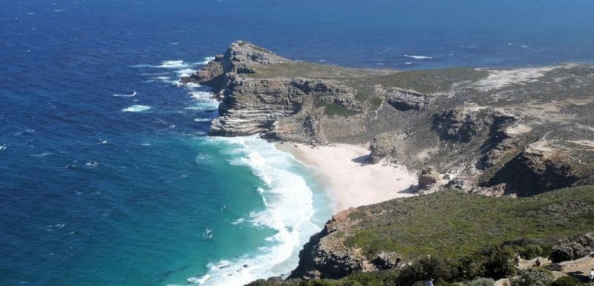 Aerial view of Diaz beach at Cape Point in Cape Town, South Africa.