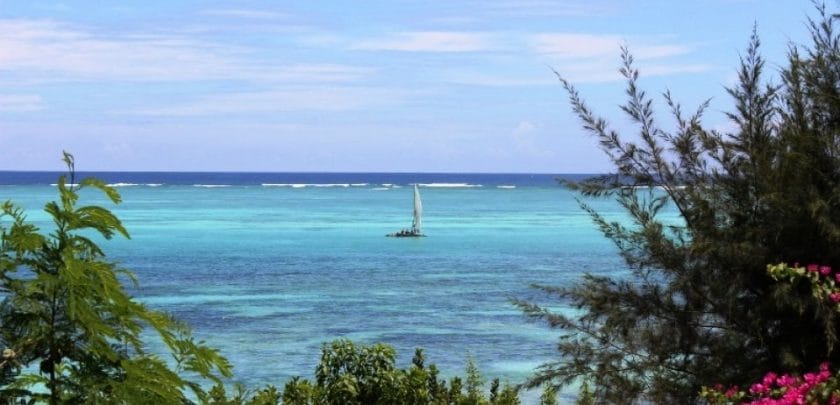 Dhow floating in tropical waters of Zanzibar.