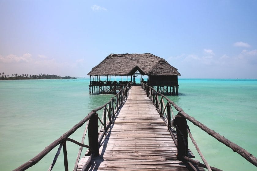 Boardwalk over tropical waters, Zanzibar.