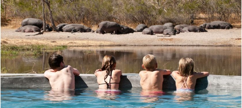Kids on safari watching hippos