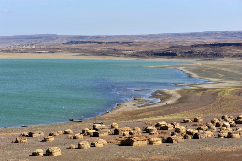 "African huts village, El molo tribe, Lake Turkana, North Kenya, Great Rift Valley"