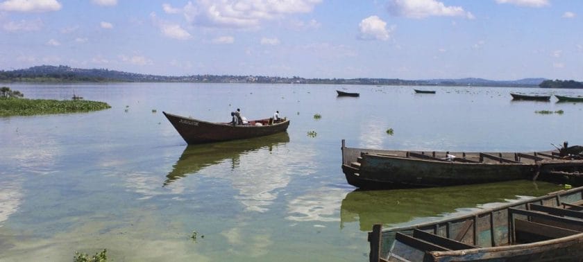 Boats lie on Lake Victoria, Kenya.