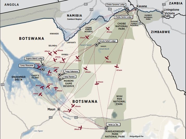 Flight transfer map of Botswana.
