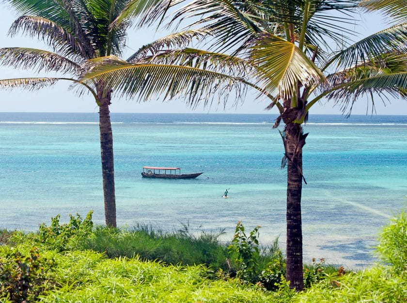 Boat anchored off Bwejuu beach, Zanzibar.
