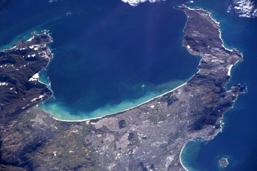 An extreme aerial shot of False Bay taken from the International Space Station