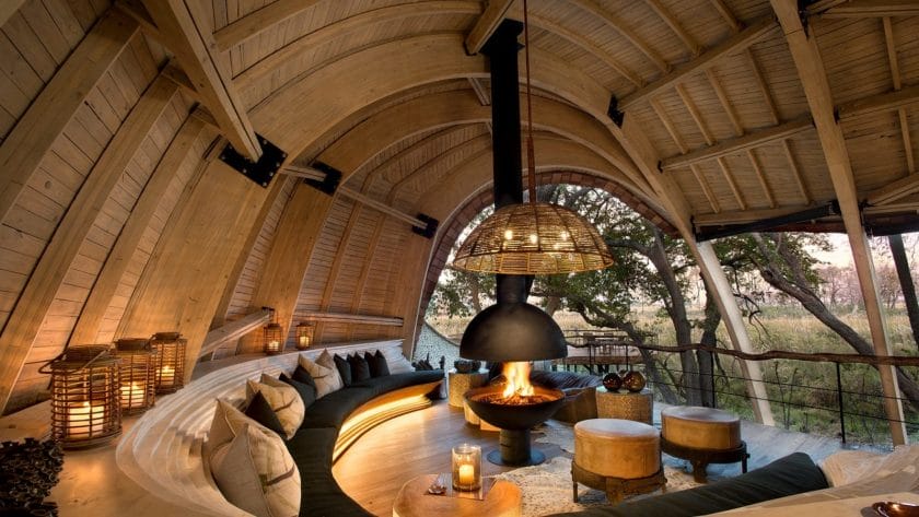 Cosy fireplace at a luxury lodge in Botswana | Photo credits: Sandibe Okavango Safari Lodge