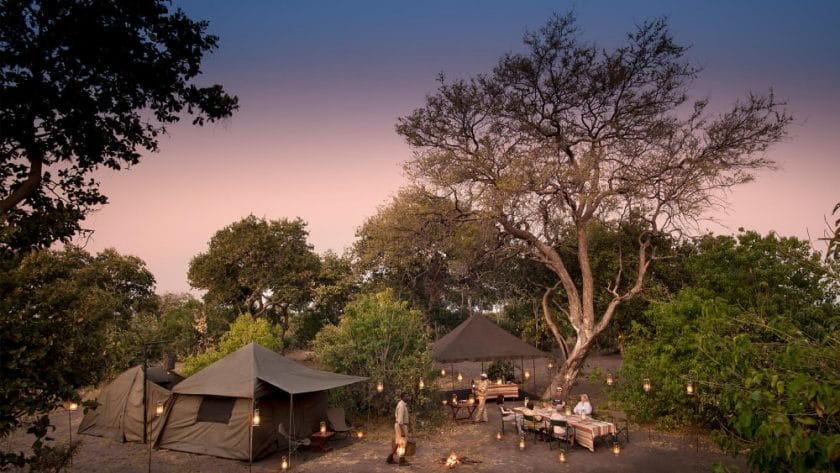 Exterior view of a mobile tented camp in the Okavango Delta, Botswana.