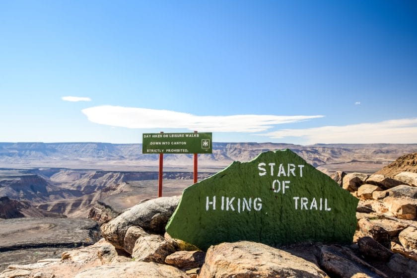 "Start of hiking trail" sign at the beginning of the Fish River Canyon hiking trail starting at Hobas and leading to Ai-Ais, 85km away.