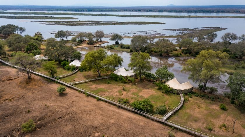 Aerial view of Anabezi Camp, Zambia