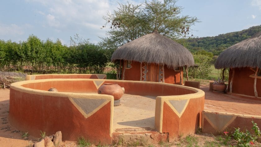 Traditional round house with a thatched roof in Botswana.