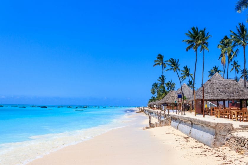 View of tropical sandy Nungwi beach on Zanzibar, Tanzania.