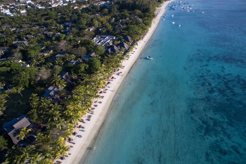 Aerial view of the Trou aux Biches coastline in Mauritius