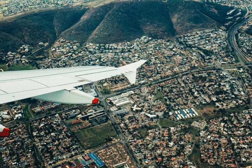 An aeroplane lands in Cape Town, South Africa.