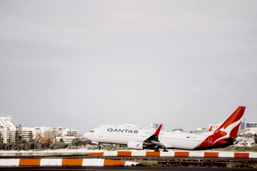 A Qantas aeroplane taking off.