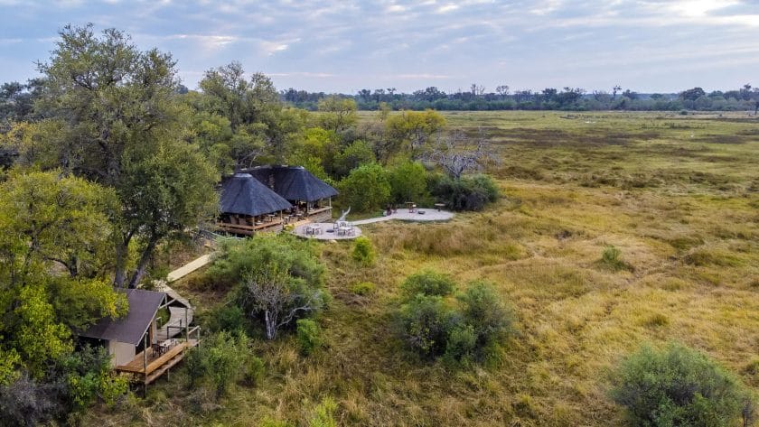Aerial view of Little Sable Camp in Khwai Private Reserve, Okavango Delta