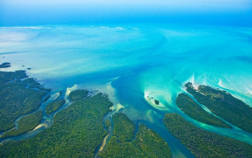 Aerial view of the Quirimbas Archipelago in Mozambique.